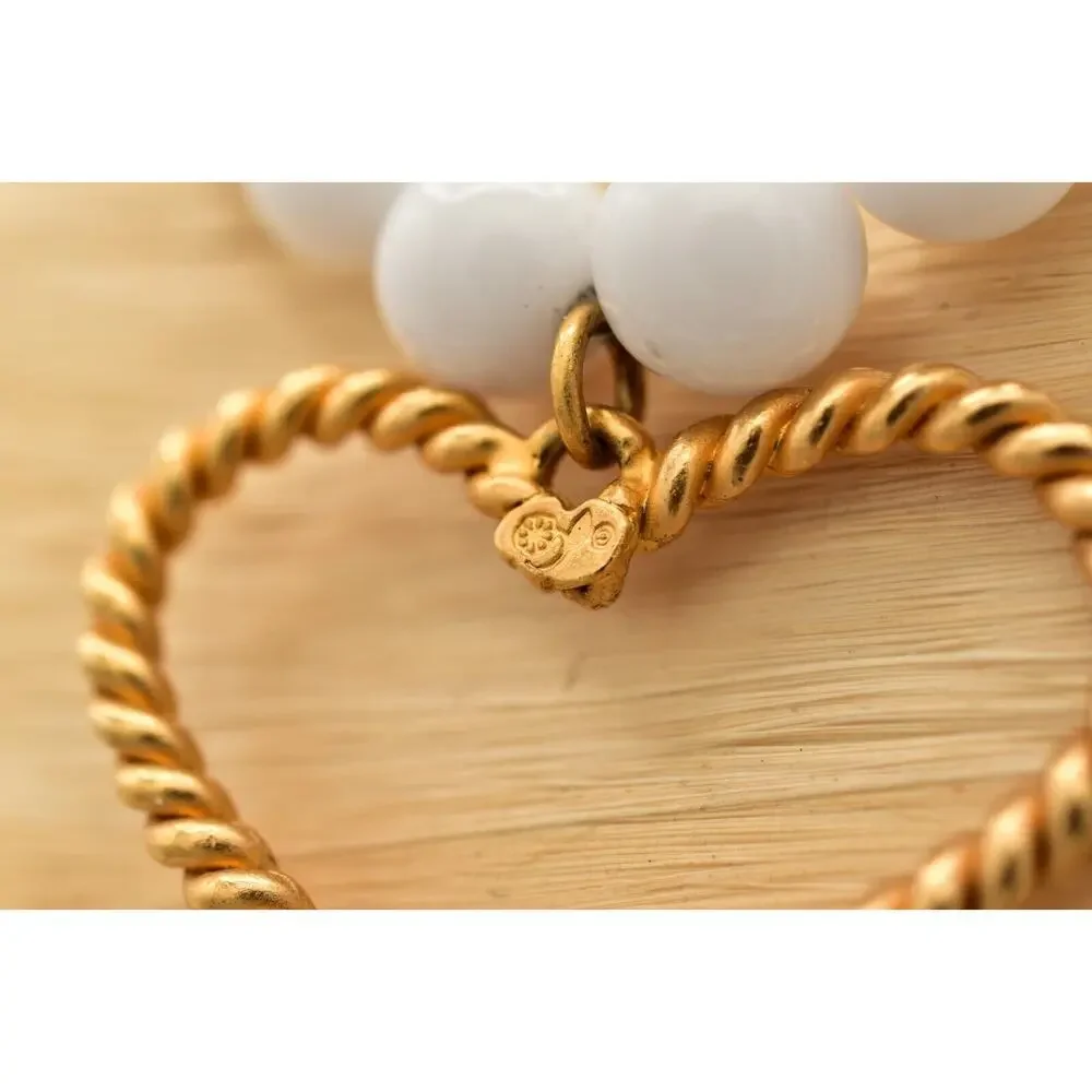 Deja Heart Collar Necklace Chunky White Beaded Brushed Gold Bold Signed BinA17